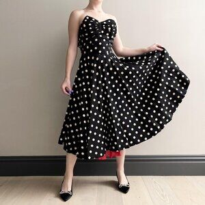 Vintage 50s strapless black polka dot party dress